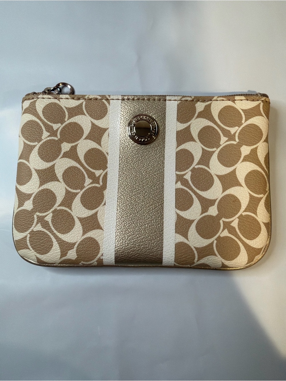 Coach Tan and Cream Signature Stripe Wristlet